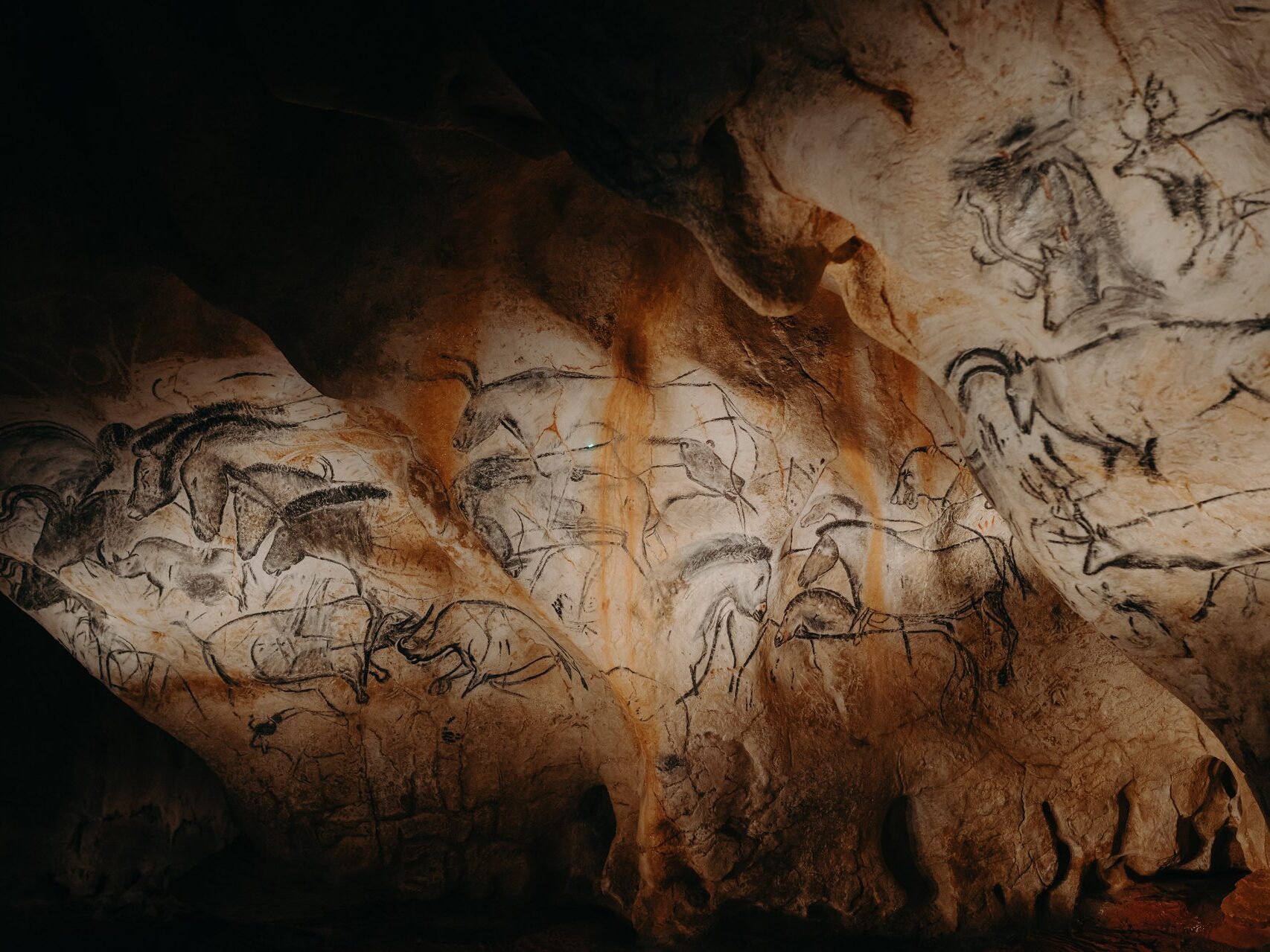 Vue du Panneau des Chevaux dans la restitution de la Grotte Chauvet 2.